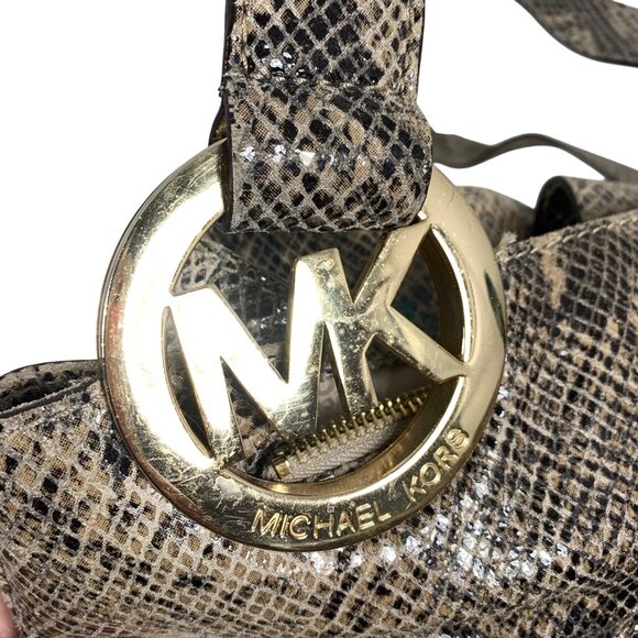 MICHAEL KORS Fulton Python Embossed Leather Large Shoulder Bag - Gray/Tan/Black - Picture 4 of 14